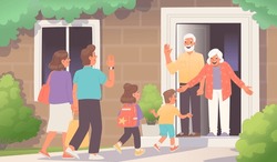 Visit Of Grandchildren To Grandparents. Meeting Of Parents With Children At Home. Grandson Runs To Hug Grandmother. Grandpa Greets Family. Vector Illustration In Flat Style