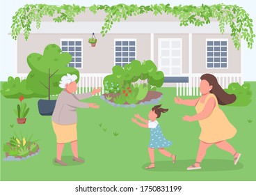 Visit grandmother flat color vector illustration. Relatives reunion with granny. Grandma welcome daughter and granddaughter. Happy family 2D cartoon characters with landscape on background