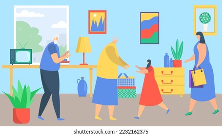 Visit grandmother, grandfather, vector illustration. little kid character run to grandparents, happy man woman people at family home.