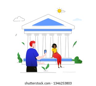 Visit Greece - colorful flat design style illustration on white background. A composition with tourists, man, woman taking pictures at ancient Parthenon temple in Athens. Traveling and tourism concept