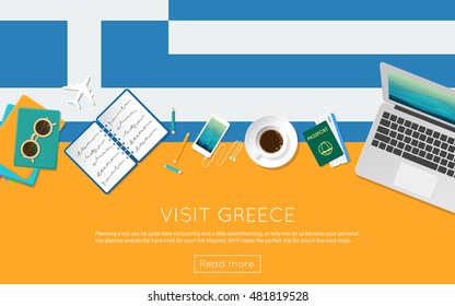 Visit Greece concept for your web banner or print materials. Top view of a laptop, sunglasses and coffee cup on Greece national flag. Flat style travel planninng website header.