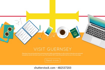 Visit Guernsey concept for your web banner or print materials. Top view of a laptop, sunglasses and coffee cup on Guernsey national flag. Flat style travel planninng website header.