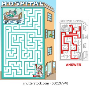 Visit in a hospital. Help girl to find a path to a friend, who is treated in a hospital. 
Labyrinth for kids. Portrait, hard.