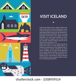 Visit Iceland- travel background with text area. Simple stylized illustration with icelandic symbols. Flat design for banners, posters, flayers, websites, postcards.