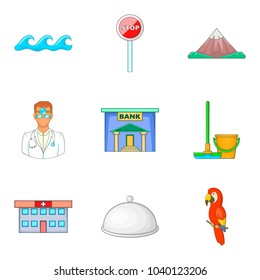 Visit icons set. Cartoon set of 9 visit vector icons for web isolated on white background