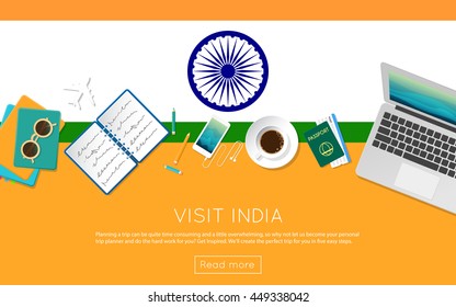 Visit India concept for your web banner or print materials. Top view of a laptop, sunglasses and coffee cup on India national flag. Flat style travel planninng website header.