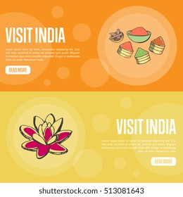 Visit India horizontal banners. Exotic spices and lotus flower hand drawn vector illustrations. Web templates with country related doodle symbols.