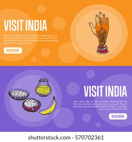 Visit India horizontal banners. Hand with henna ornament, exotic spices, fruit hand drawn vector illustrations. Web template with country related doodle symbols. For travel company landing page design