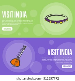 Visit India horizontal banners. Indian sitar and tambourine hand drawn vector illustrations. Web templates with country related doodle symbols. For travel company landing page design