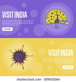 Visit India horizontal banners. Peacock and national ornament hand drawn vector illustrations. Web templates with country related doodle symbols. For travel company landing page design