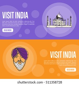 Visit India horizontal banners. Taj Mahal and sikh man in turban hand drawn vector illustrations. Web templates with country related doodle symbols. For travel company landing page design