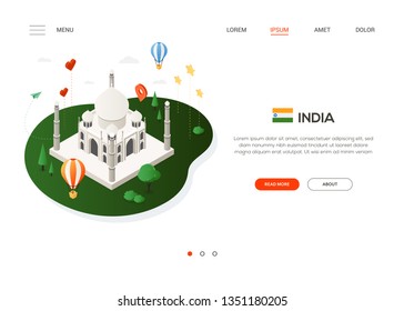 Visit India - Modern Colorful Isometric Web Banner With Copy Space For Text. Website Header With Famous Landmark Taj Mahal, Balloons, Flag, Social Media Symbols And Map Pointers. Traveling Concept