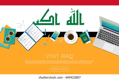 Visit Iraq concept for your web banner or print materials. Top view of a laptop, sunglasses and coffee cup on Iraq national flag. Flat style travel planninng website header.