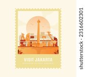 Visit jakarta in flat illustration design with postage stamp template