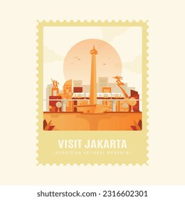 Visit jakarta in flat illustration design with postage stamp template