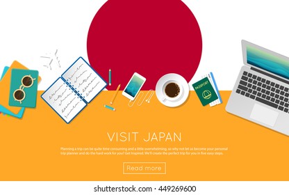 Visit Japan concept for your web banner or print materials. Top view of a laptop, sunglasses and coffee cup on Japan national flag. Flat style travel planninng website header.
