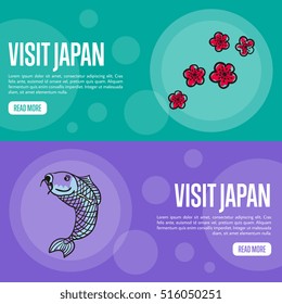 Visit Japan horizontal banners. Flowered ornament and koi fish hand drawn vector illustrations. Web templates with country related doodle symbols.