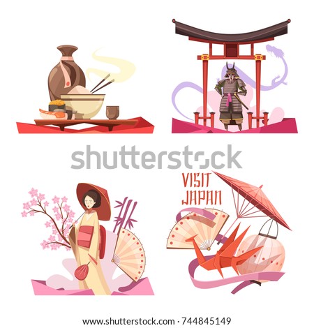 Visit japan retro cartoon compositions with drink and food religion and history traditional souvenirs isolated vector illustration  