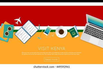 Visit Kenya concept for your web banner or print materials. Top view of a laptop, sunglasses and coffee cup on Kenya national flag. Flat style travel planninng website header.