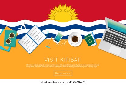 Visit Kiribati concept for your web banner or print materials. Top view of a laptop, sunglasses and coffee cup on Kiribati national flag. Flat style travel planninng website header.