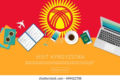Visit Kyrgyzstan concept for your web banner or print materials. Top view of a laptop, sunglasses and coffee cup on Kyrgyzstan national flag. Flat style travel planninng website header.