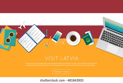 Visit Latvia concept for your web banner or print materials. Top view of a laptop, sunglasses and coffee cup on Latvia national flag. Flat style travel planninng website header.
