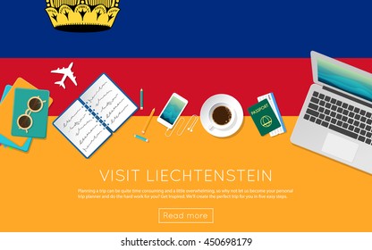 Visit Liechtenstein concept for your web banner or print materials. Top view of a laptop, sunglasses and coffee cup on Liechtenstein national flag. Flat style travel planninng website header.
