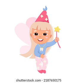 Visit of magical tooth fairy vector illustration. Cartoon cute cheerful fairytale character from childhood flying, isolated happy kawaii girl with pink butterfly wings holding magic wand with star