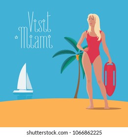 Visit Malibu, Miami and USA vector illustration. Design element with surfing girl for travel to America concept poster
