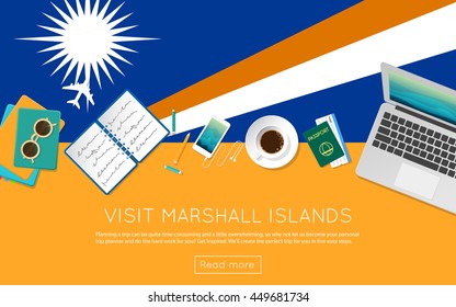 Visit Marshall Islands concept for your web banner or print materials. Top view of a laptop, sunglasses and coffee cup on Marshall Islands national flag. Flat style travel planninng website header.