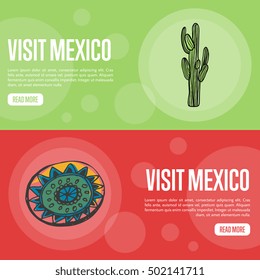 Visit Mexico banners. Big dessert cactus, ethnic ornament hand drawn vector illustrations on national colors backgrounds. Web templates with country related symbols. For travel company web page design