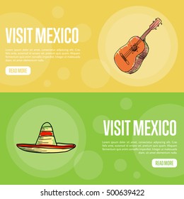 Visit Mexico banners. Flamenco guitar, large sombrero hand drawn vector illustrations on national colors backgrounds. Web templates with country related symbols. For travel company web page design