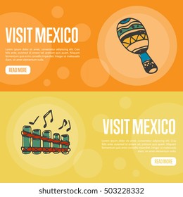 Visit Mexico banners. Maracas and folk pan-flute hand drawn vector illustrations on national colors backgrounds. Web templates with country related symbols. For travel company web page design