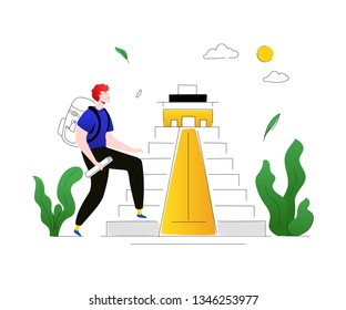 Visit Mexico - colorful flat design style illustration on white background. A composition with a male tourist, climbing up the stairs of Mayan pyramid. Traveling, exotic trips and tourism concept