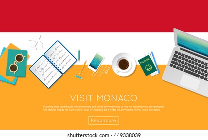 Visit Monaco concept for your web banner or print materials. Top view of a laptop, sunglasses and coffee cup on Monaco national flag. Flat style travel planninng website header.