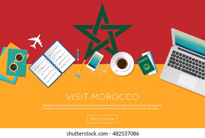 Visit Morocco concept for your web banner or print materials. Top view of a laptop, sunglasses and coffee cup on Morocco national flag. Flat style travel planninng website header.