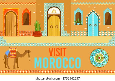 Visit Morocco vector illustration. Cartoon flat Moroccan traveling landmark, arab house entrance with window door, desert buildings decorated arabic traditional ornament, bedouins camel travel banner