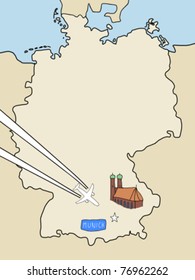 Visit Munich - outline map of Germany and a plane with contrails. City symbol, travel concept.