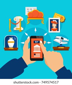 Visit to museum flat design concept with elements of exposition and people hands holding gadget with online ticket buy app vector illustration 