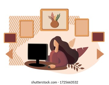 visit the museum online. Be home. Stay home. Gallery and museum in mobile phone. Artvork ang exhibit and sculptures. Vector illustration. Woman look in computer. Virtual gallery