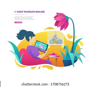 Visit Museum Online. Woman Visiting Art Exhibition With Tablet Computer At Home In Comfort. Virtual Museum And Art Gallery Interactive Tour Web Banner. Online Art Guide Application Vector Illustration