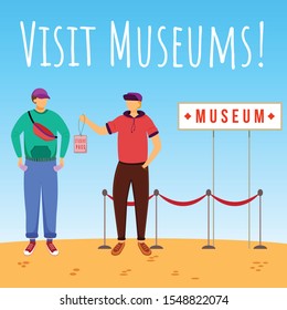 Visit museums social media post mockup. Discount for student pass. Advertising web banner design template. Social media booster, content layout. Promotion poster, print ads with flat illustrations