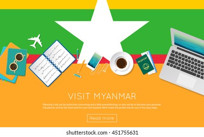 Visit Myanmar concept for your web banner or print materials. Top view of a laptop, sunglasses and coffee cup on Myanmar national flag. Flat style travel planninng website header.