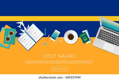 Visit Nauru concept for your web banner or print materials. Top view of a laptop, sunglasses and coffee cup on Nauru national flag. Flat style travel planninng website header.