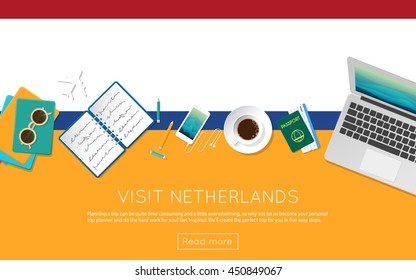 Visit Netherlands concept for your web banner or print materials. Top view of a laptop, sunglasses and coffee cup on Netherlands national flag. Flat style travel planninng website header.