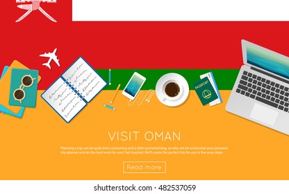 Visit Oman concept for your web banner or print materials. Top view of a laptop, sunglasses and coffee cup on Oman national flag. Flat style travel planninng website header.