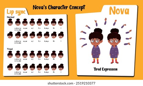 "Visite nosso microsite para encontrar Nova, uma personagem exausta do desenho animado feminino africano. Esta coleção apresenta ilustrações vetoriais de Nova em trajes acolhedores de inverno, exibindo uma gama de expressões cansadas e