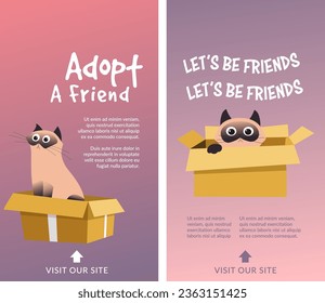 Visit our store and adopt pet, new best friend. Feline animal with adorable muzzle, cute mammal kitty with whiskers sitting in box, playful and small. Promotional banner. Vector in flat style