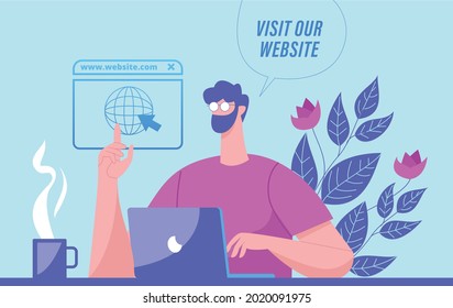 Visit our website illustration concept vector, man using laptop for visiting website