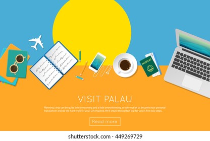 Visit Palau concept for your web banner or print materials. Top view of a laptop, sunglasses and coffee cup on Palau national flag. Flat style travel planninng website header.